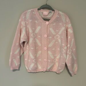 Vintage 80s 90s Sarah Pink and White Patterned Cardigan size small